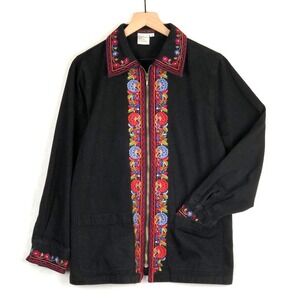 VTG BLAINE TRUMP Embroidered Twill Jacket Women's S Black Boho Pockets Full Zip